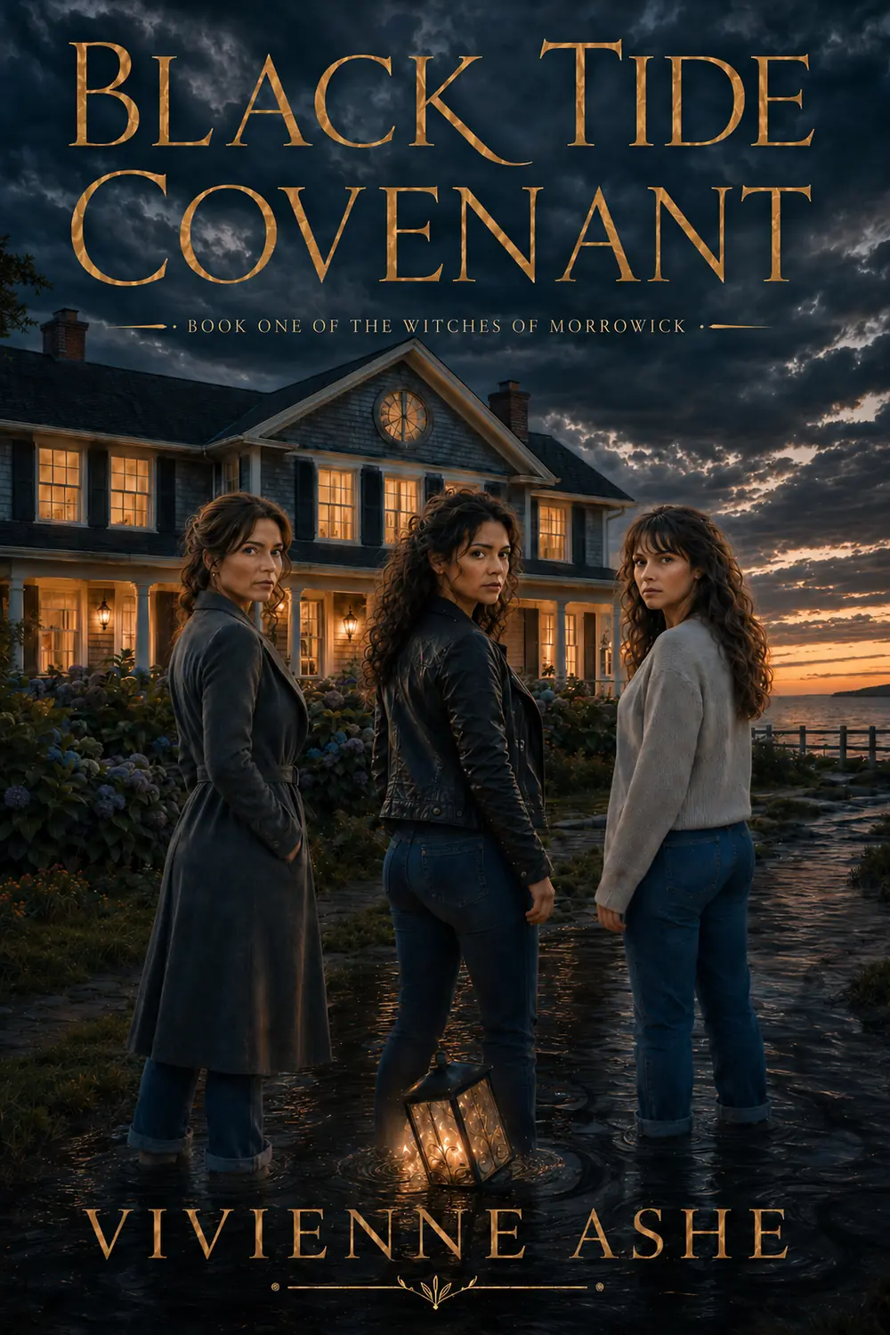Book cover for Black Tide Covenant by Vivienne Ashe, showing three women standing before a house at the water's edge.