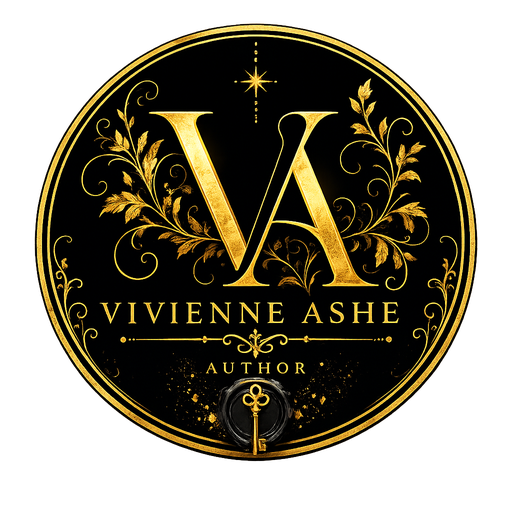 Circular Vivienne Ashe author logo with a gold border and key motif.