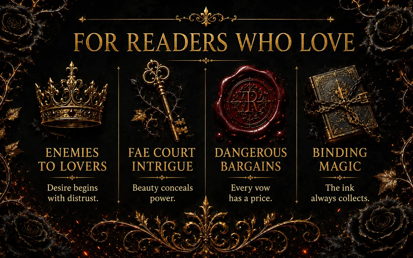 Trope panel listing: Enemies to Lovers &ndash; Desire begins with distrust. Fae Court Intrigue &ndash; Beauty conceals power. Dangerous Bargains &ndash; Every vow has a price. Binding Magic &ndash; The ink always collects.